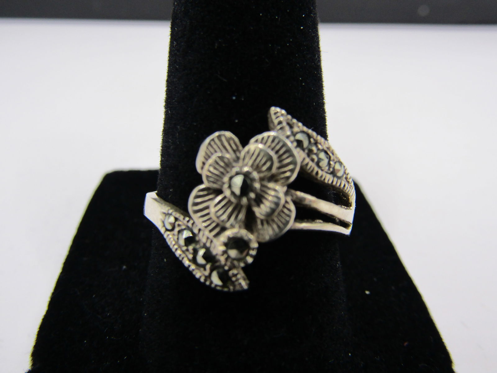 Size 7.75 Sterling Silver Marcasite Ring, Floral Design w/Rhinestones (1 of 4)