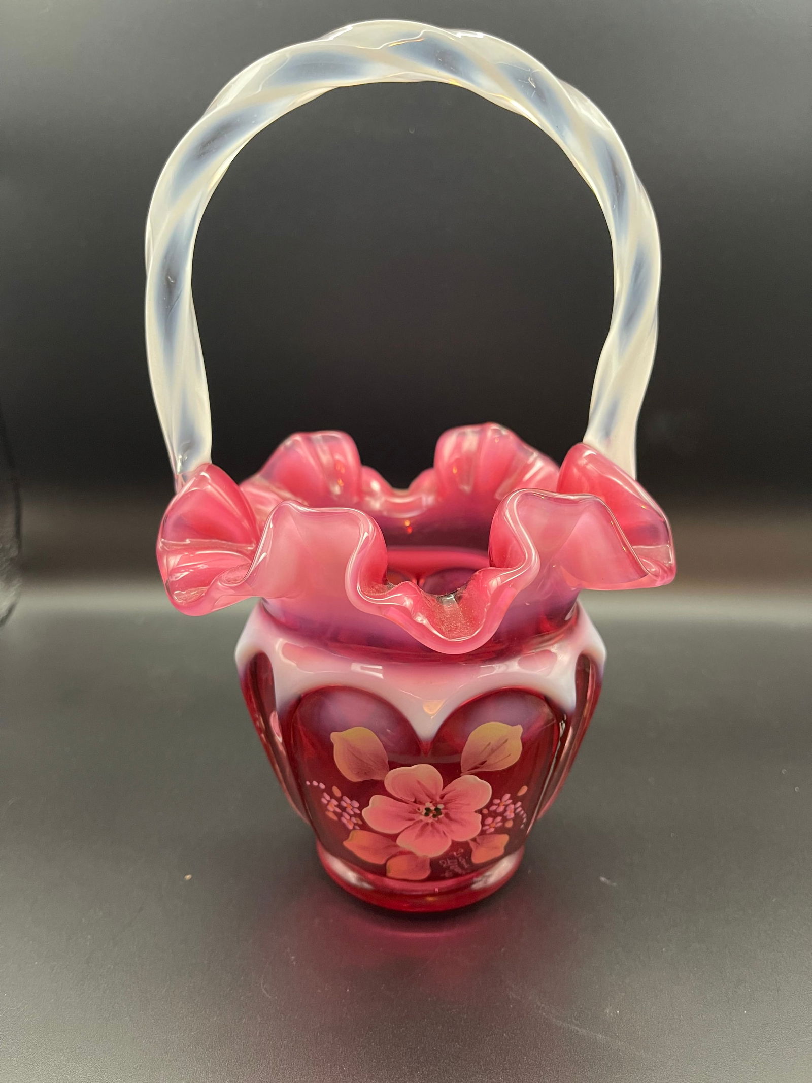 Vintage Fenton Cranberry Hand Painted and Signed Glass Basket RARE Legacy Collection 95th Anniv. (1 of 4)