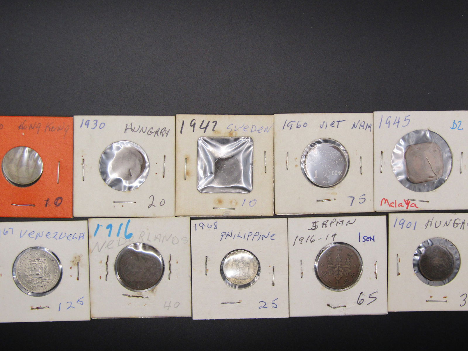 Lot of 10 Foreign/World Coins, All carded in 2x2s (1 of 4)