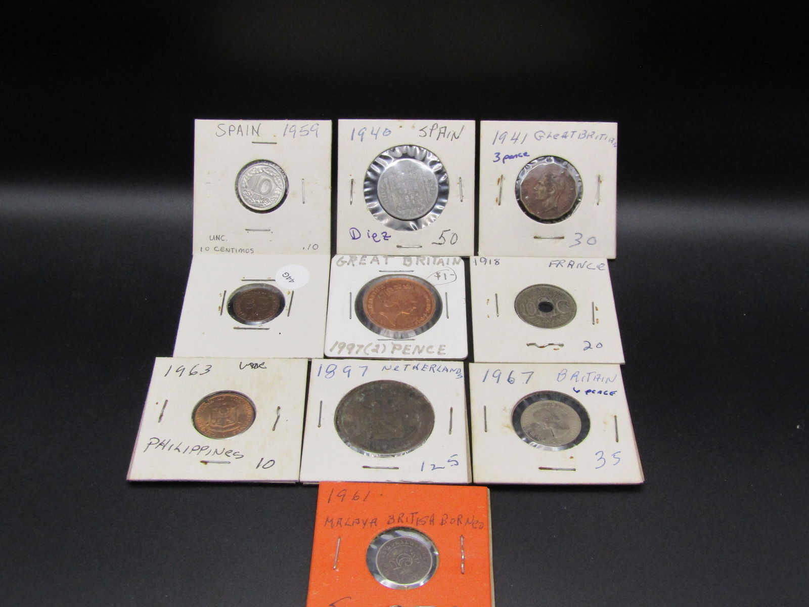 Lot of 10 Foreign/World Coins, All carded in 2x2s (1 of 4)
