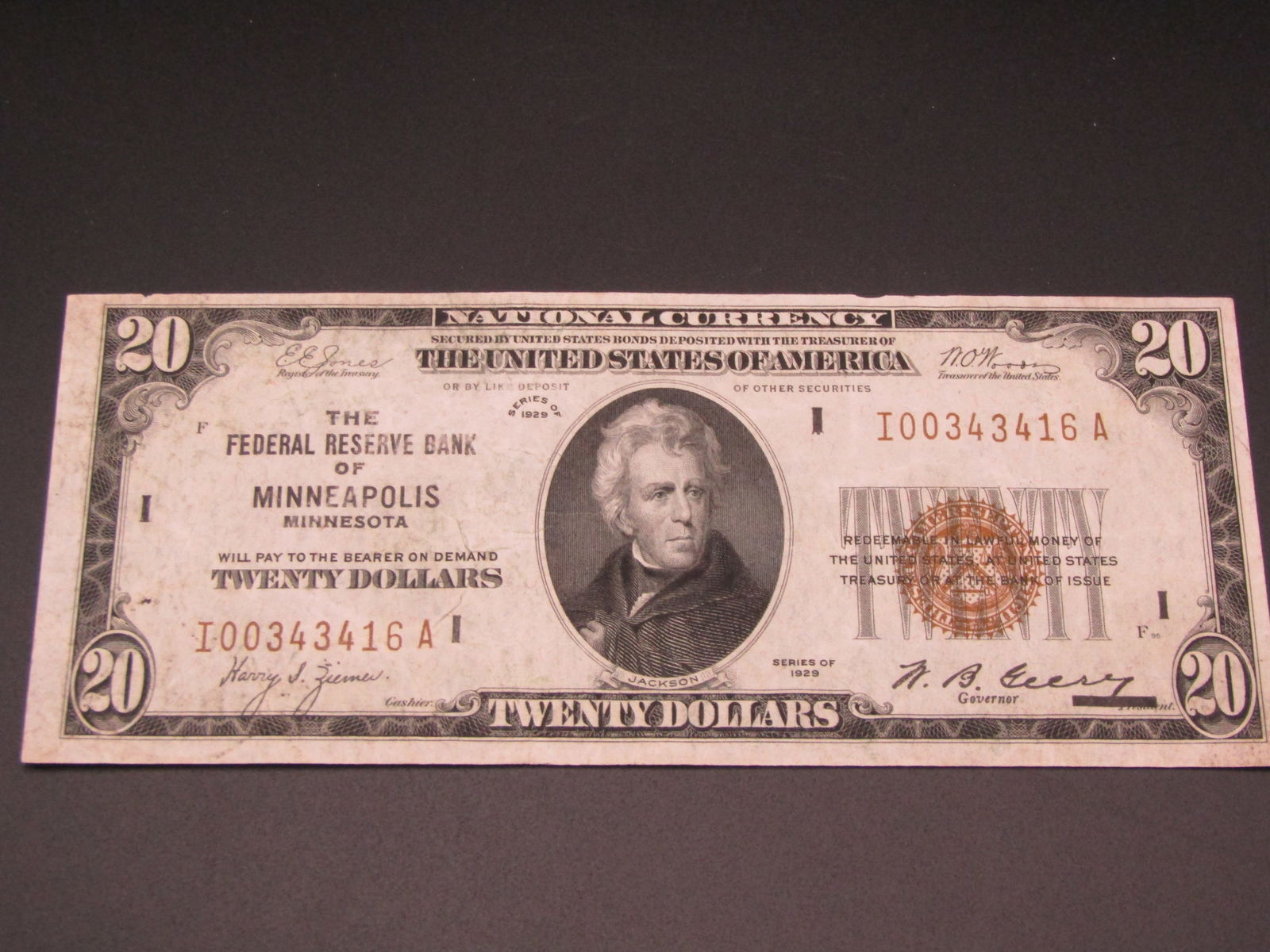 1929 Brown Seal $20 National Currency Note, Federal Reserve Bank of Minneapolis Minnesota, Tough (1 of 4)