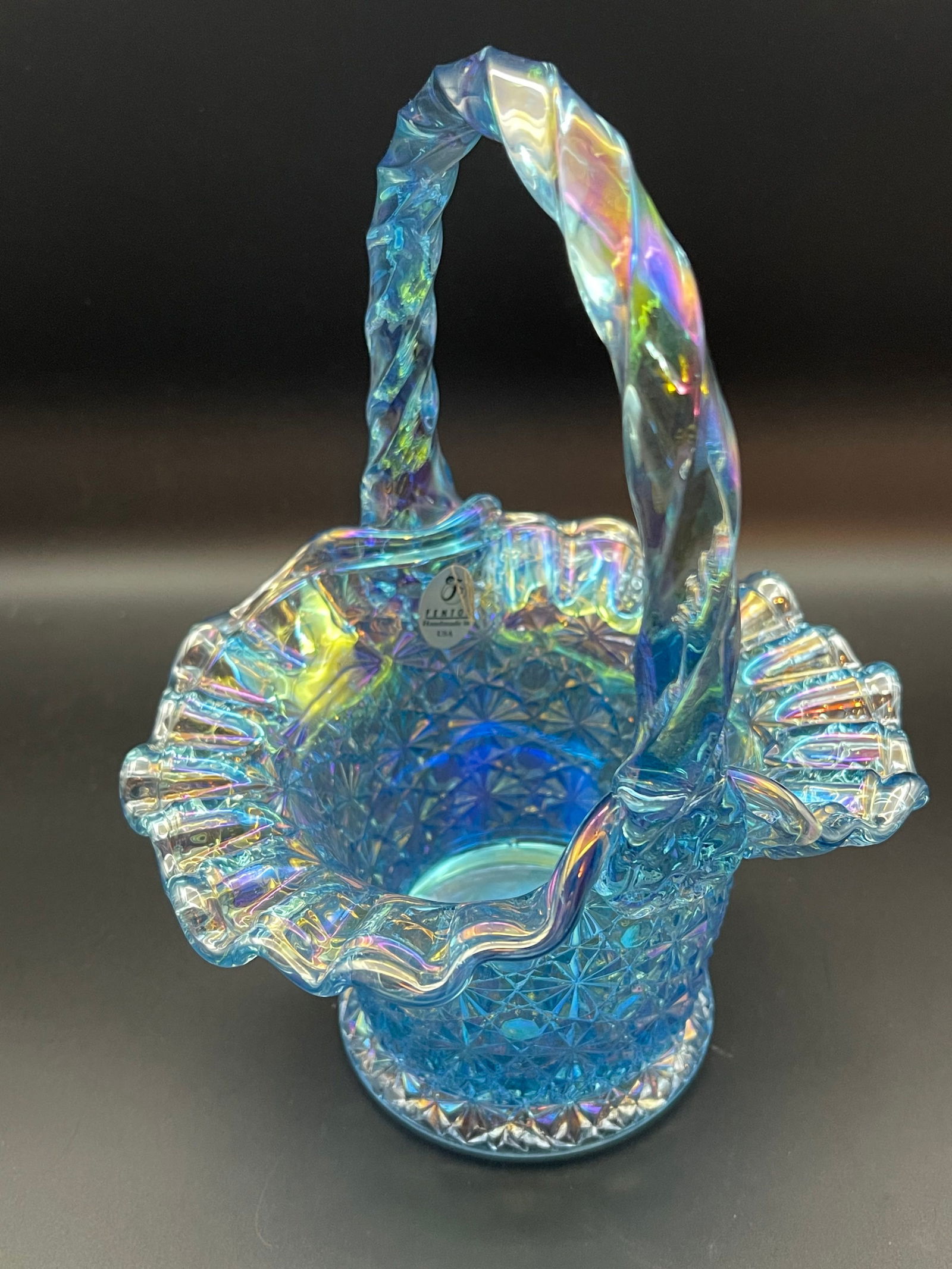 Vintage Fenton Blue Iridescent Glass Basket 7.5' (1 of 2)