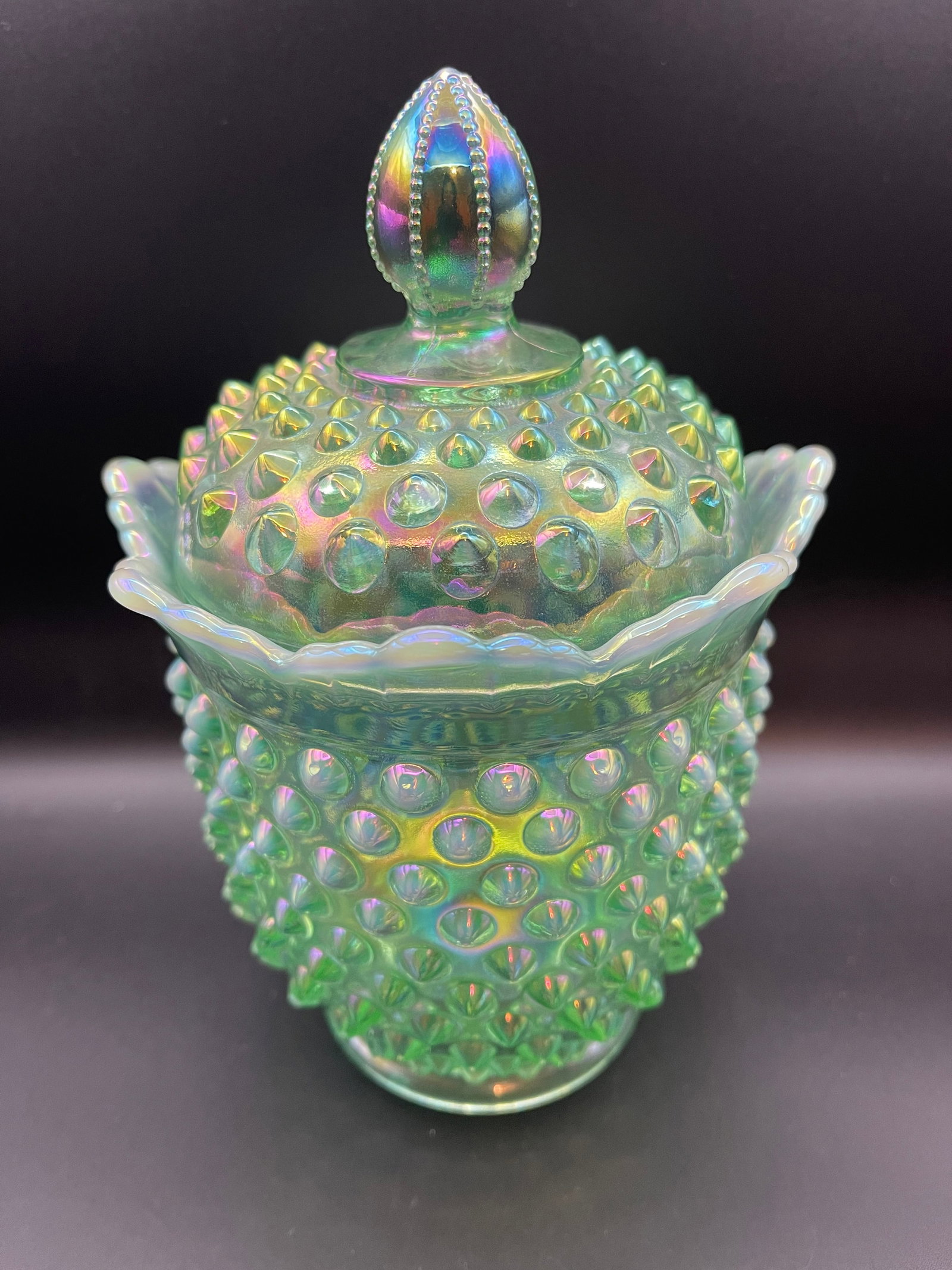 Vintage Fenton Opalescent Sea Green Hobnail Apothecary/Vanity Jar w/ Lid 7.5': Vintage Fenton Opalescent Sea Green Hobnail Apothecary/Vanity Jar w/ Lid 7.5" Condition Yes, we will ship this item, we provide in house shipping to save our customers money. S&H fees and insurance wi