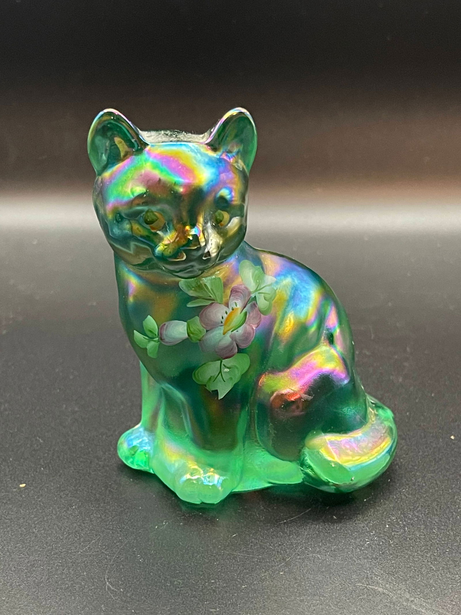 Vintage Fenton Hand Painted and Signed Green Carnival Glass Cat (1 of 2)