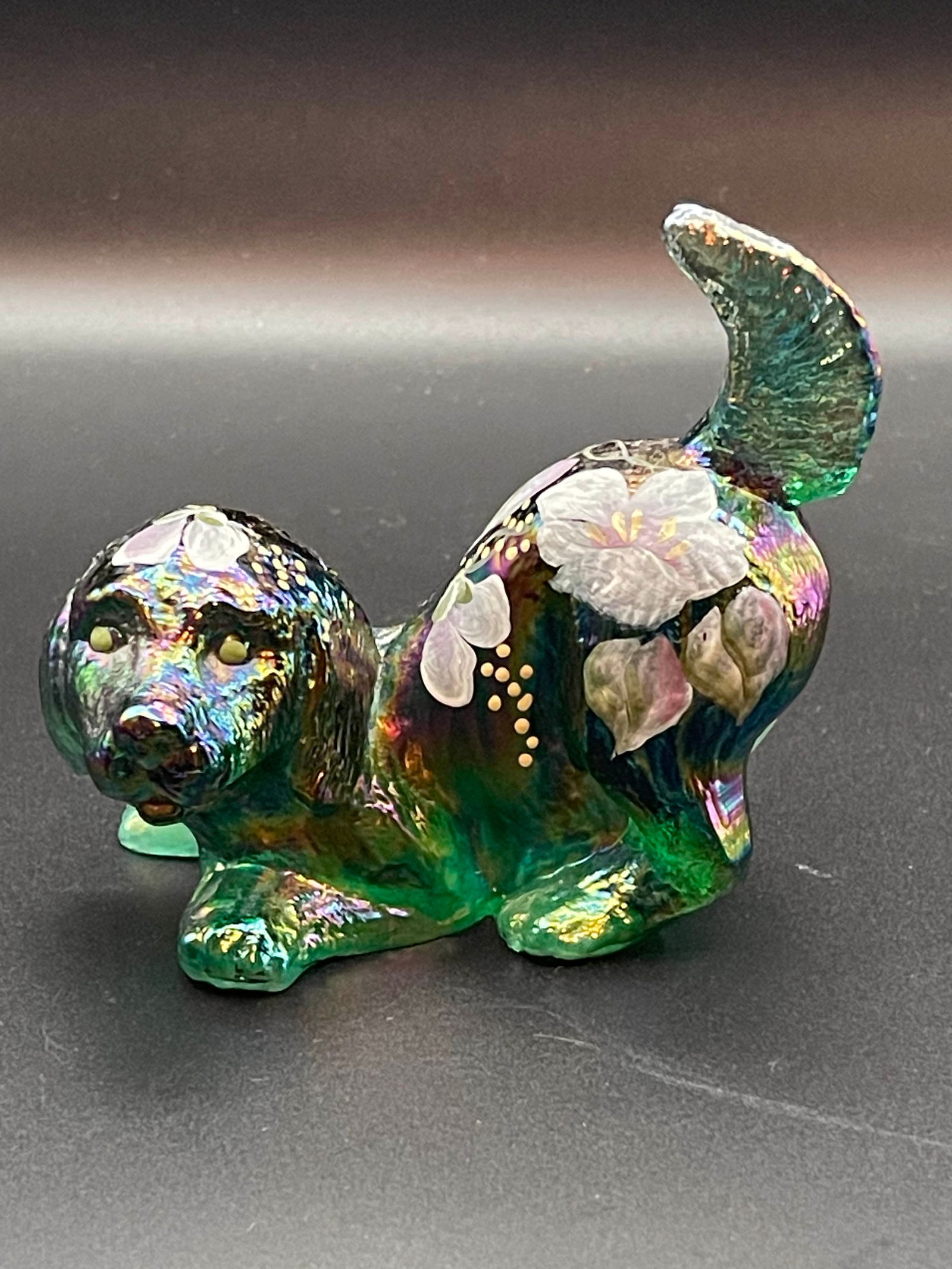 Vintage Fenton Hand Painted and Signed Green Carnival Glass Dog 95th Anniversary (1 of 4)