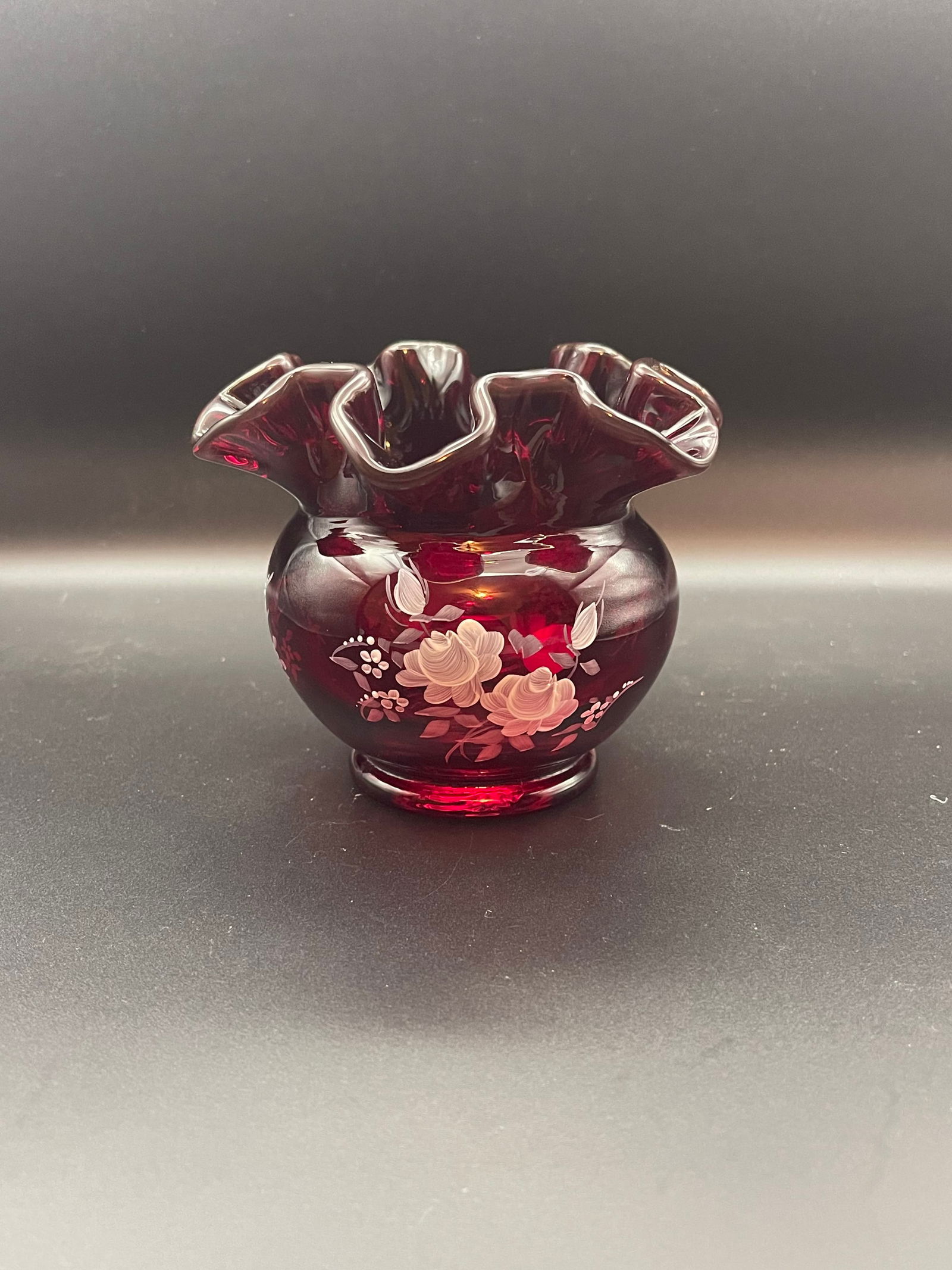 Vintage Fenton Ruby Red Ruffled Edge Vase Hand Painted Roses and Signed 3.75' Tall (1 of 5)