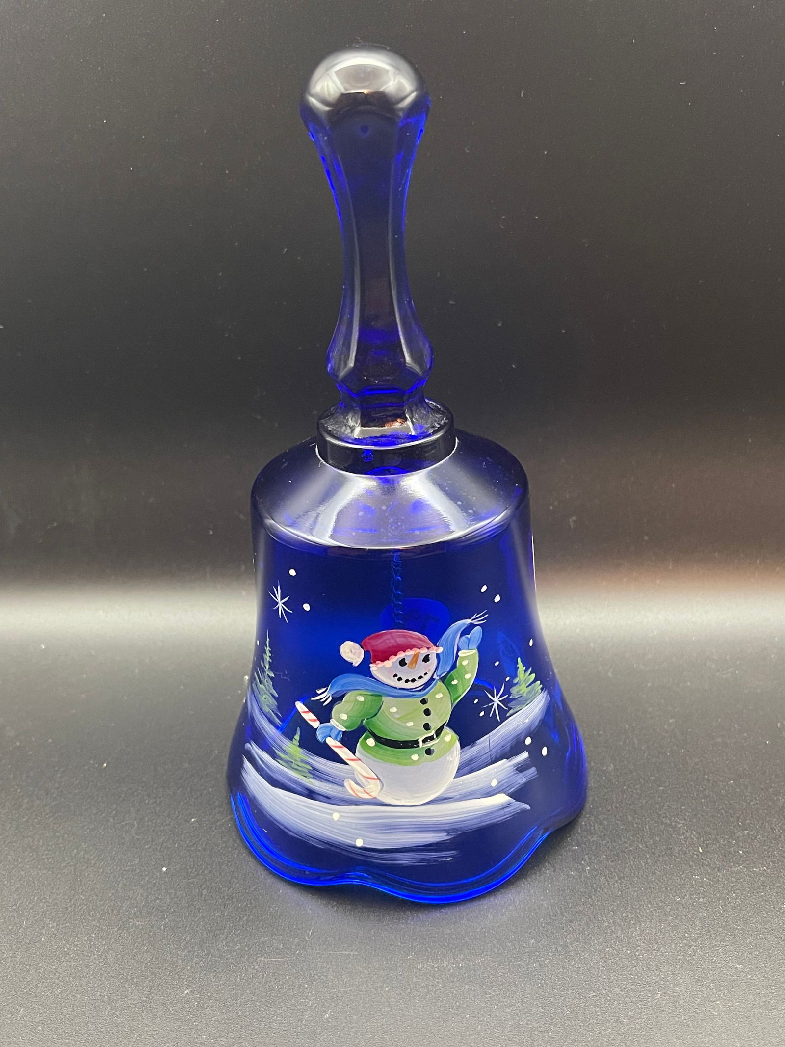 Vintage Fenton Hand Painted and Signed Cobalt Blue Glass Bell, Snowman (1 of 3)