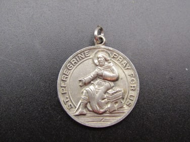 Vintage Blessed Virgin Mary St Peregine Pray for Us .925 Sterling Silver Pendant
