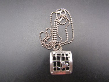 Sterling Silver Square Cage Pendant w/Small Heart on 18" Sterling Silver Chain