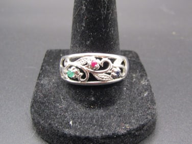 Vintage Sterling Silver Ruby, Sapphire, and Emerald Size 10 Ring