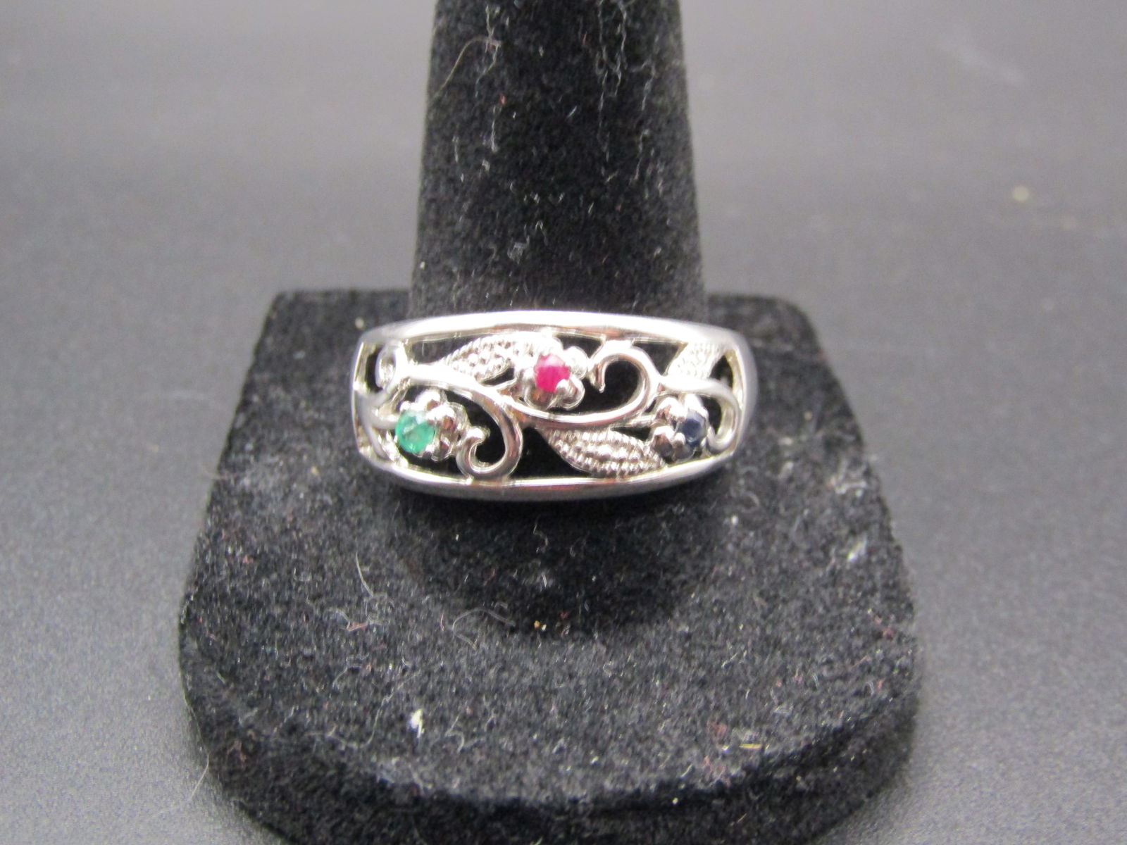 Vintage Sterling Silver Ruby, Sapphire, and Emerald Size 10 Ring (1 of 5)