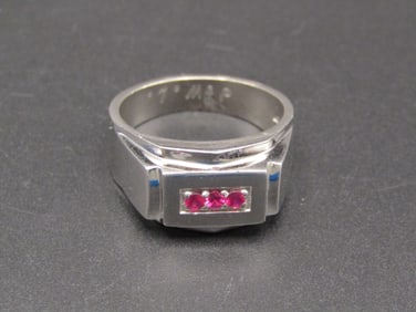 Vintage Sterling Silver Men's 3 Ruby Like Stone Ring, Size 11