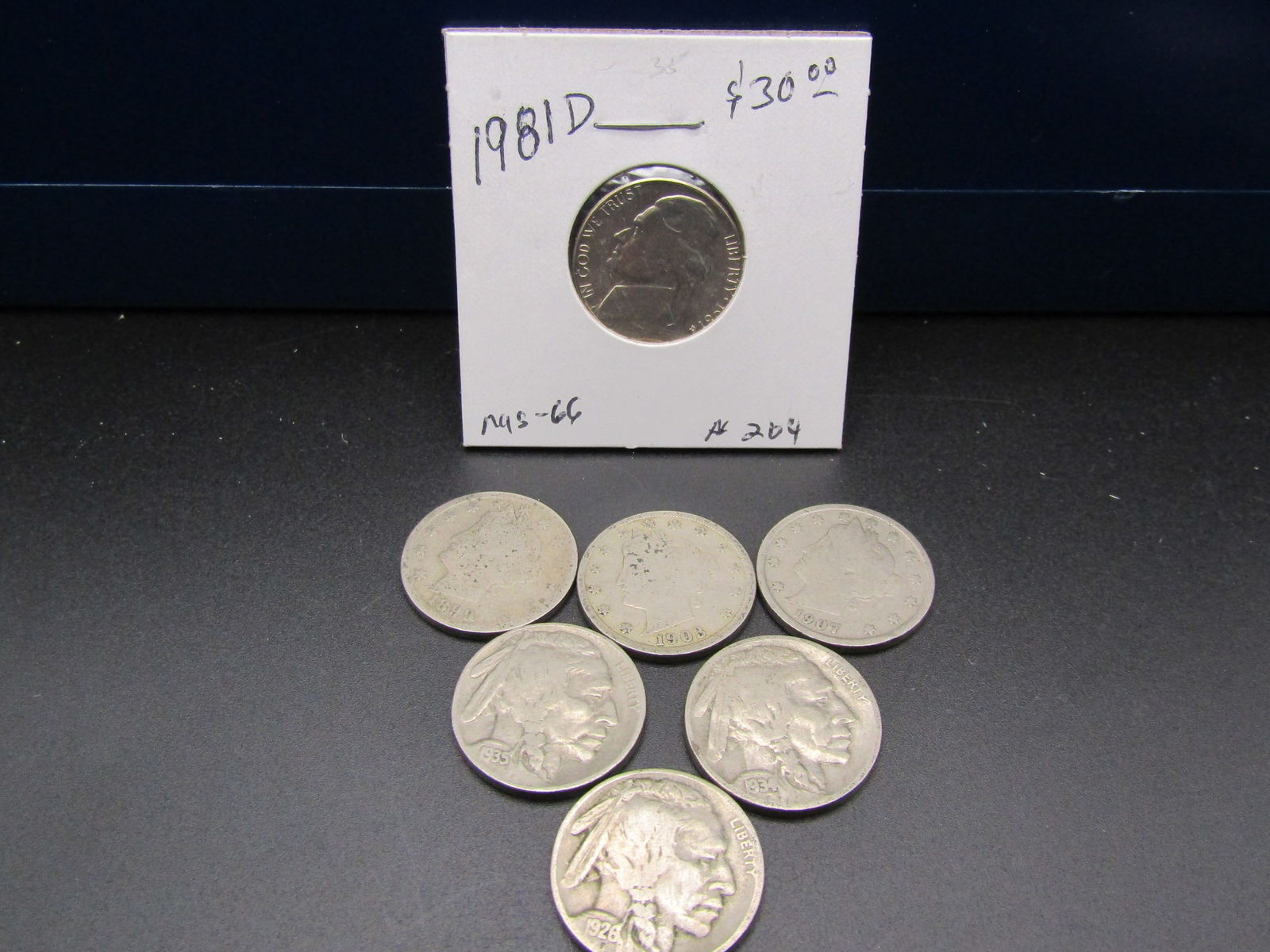 Nickel Lot; 1981-D GEM BU Jefferson Nickel, 1926, 1934, 1935 Buffalo Nickels, 1899, 1903, 1907 (1 of 4)