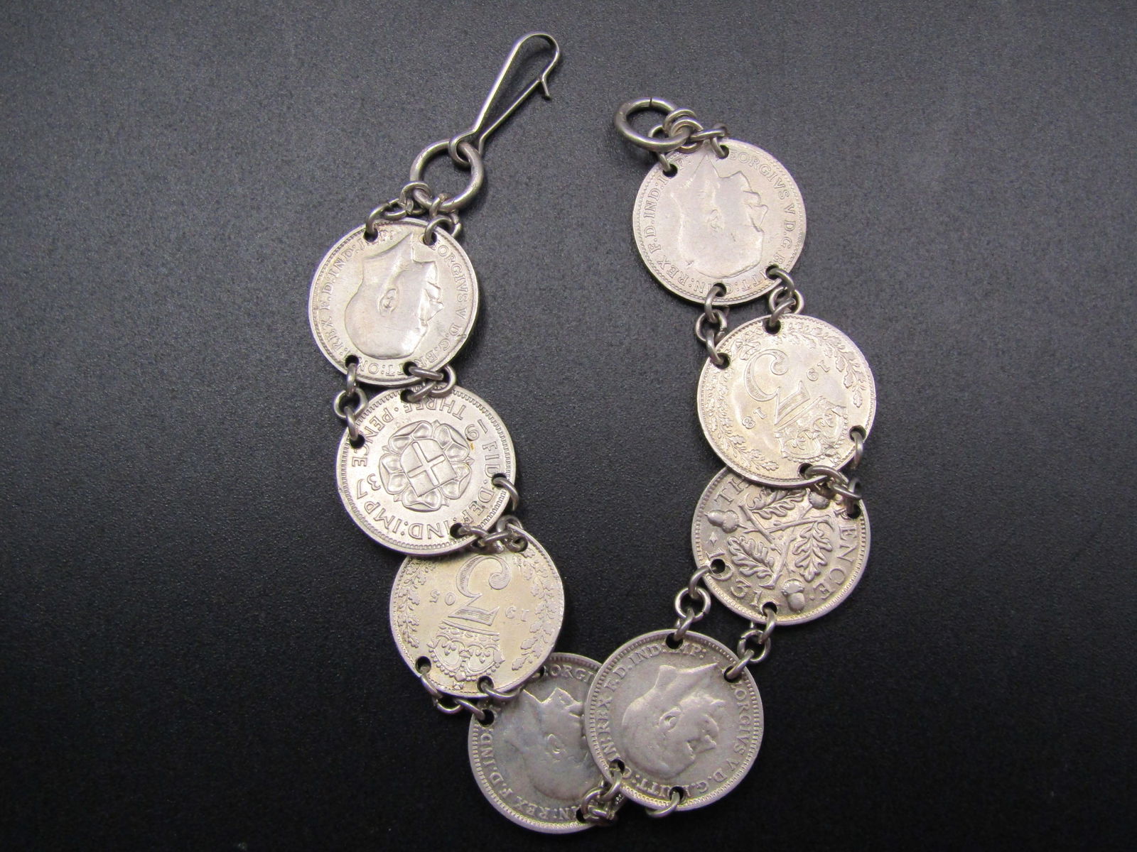 Vintage Sterling Silver Coin Link Bracelet, 8- Great Britain Silver 3 Pence Coins (1 of 3)