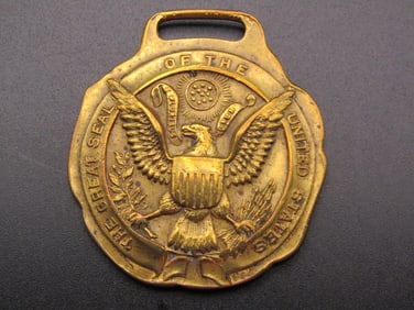 Vintage Gold Plated Bronze Medallion/Watch Fob - Featuring the Great Seal of The USA- Pipe the Piper