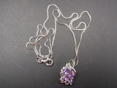 Sterling Silver Amethyst Cluster Pendant on Sterling Silver Chain Marked 925