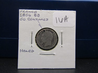 1856 BB Silver France 50 Centimes, Holed