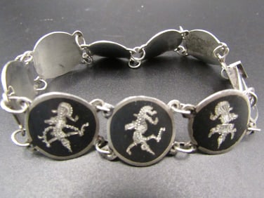 Vintage Siam Sterling Silver Niello Panel Link Bracelet Featuring Traditional Thai Dancer