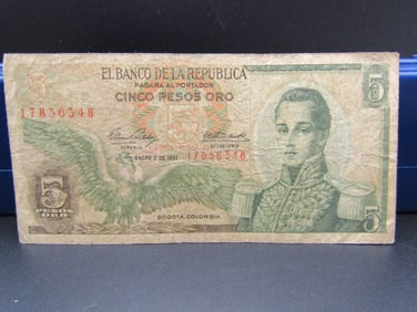 1961 Colombia 5 Peso Bank Note, Tough Find