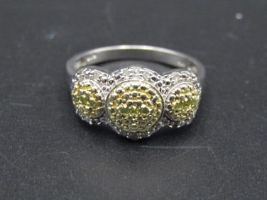 Vintage Sterling Silver Three Tone Cluster Ring w Yellow and Clear CZ Accents, Size 8