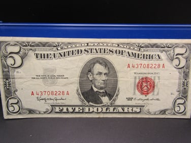 1963 Red Seal US 5 Dollar Bank Note, Nice Condition