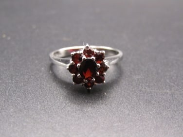Vintage Sterling Silver, Red Garnet Floral Ring, Size 5.75