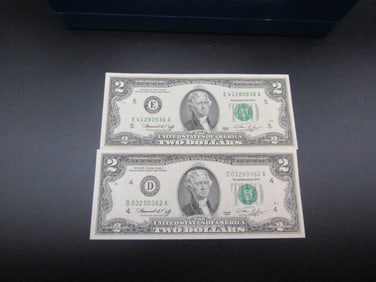 2- Series 1976 Green Seal $2 Notes, GEM CRISP UNC. Bicentennial Year