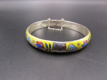 Vintage Sterling Silver Floral Enamel Cloisonne Hinged Bangle Bracelet, 23 Grams, Marked Thailand