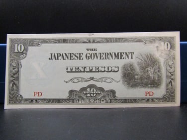 WWII Era Japanese Government 10 Peso Note, Tough Find. CRISP UNC