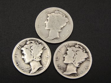 1917, 1918, 1919 Mercury Dimes. Tough Early Dates, 90% Silver