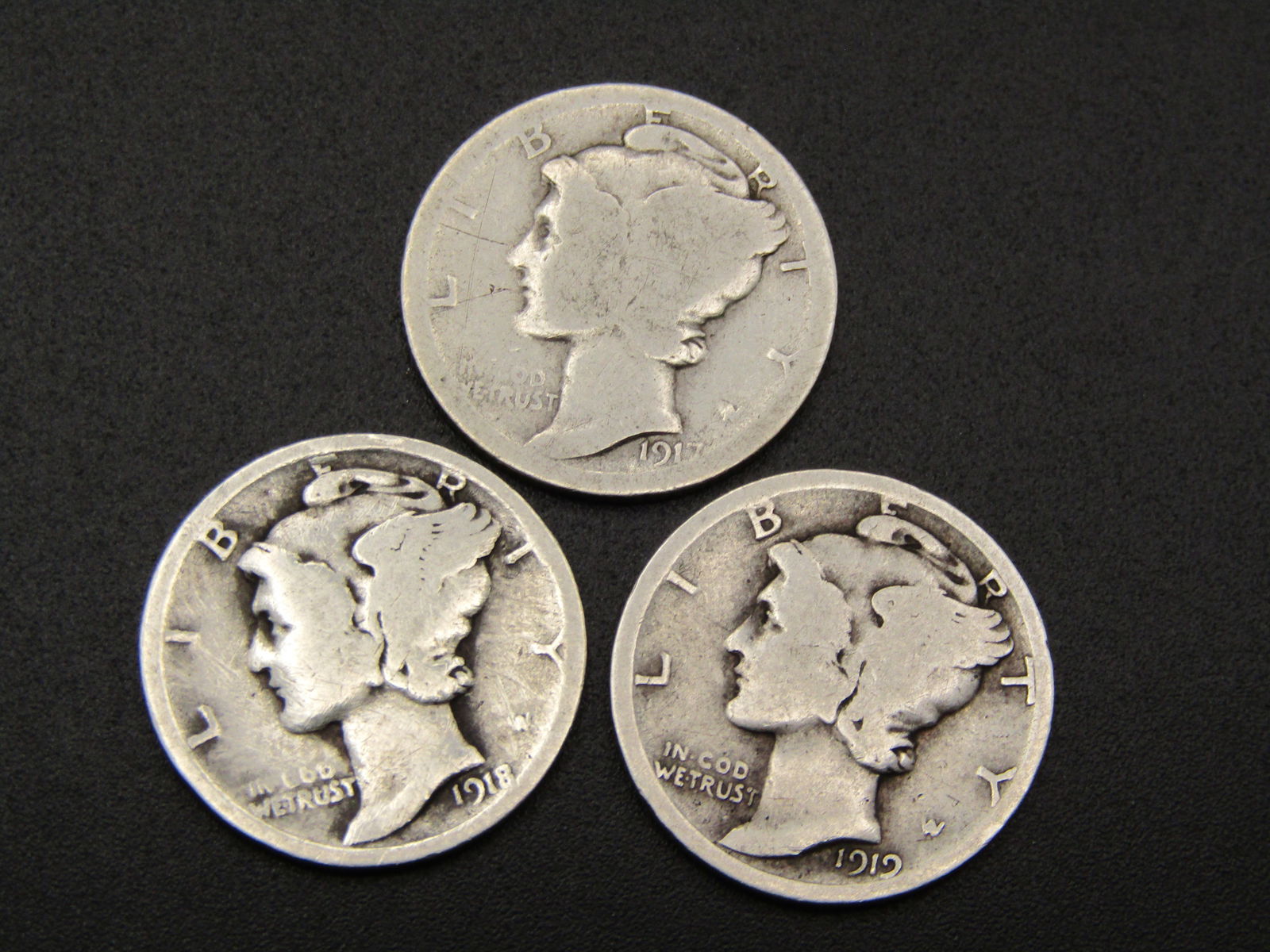 1917, 1918, 1919 Mercury Dimes. Tough Early Dates, 90% Silver (1 of 2)