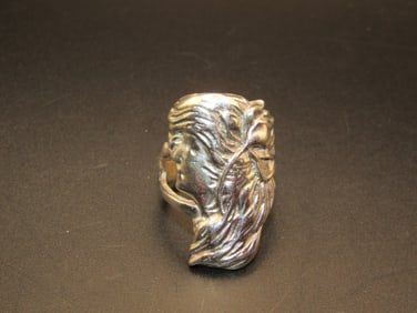 Vintage Sterling Silver Art Nouveau Style Ring, Lady Face, Size 6.5