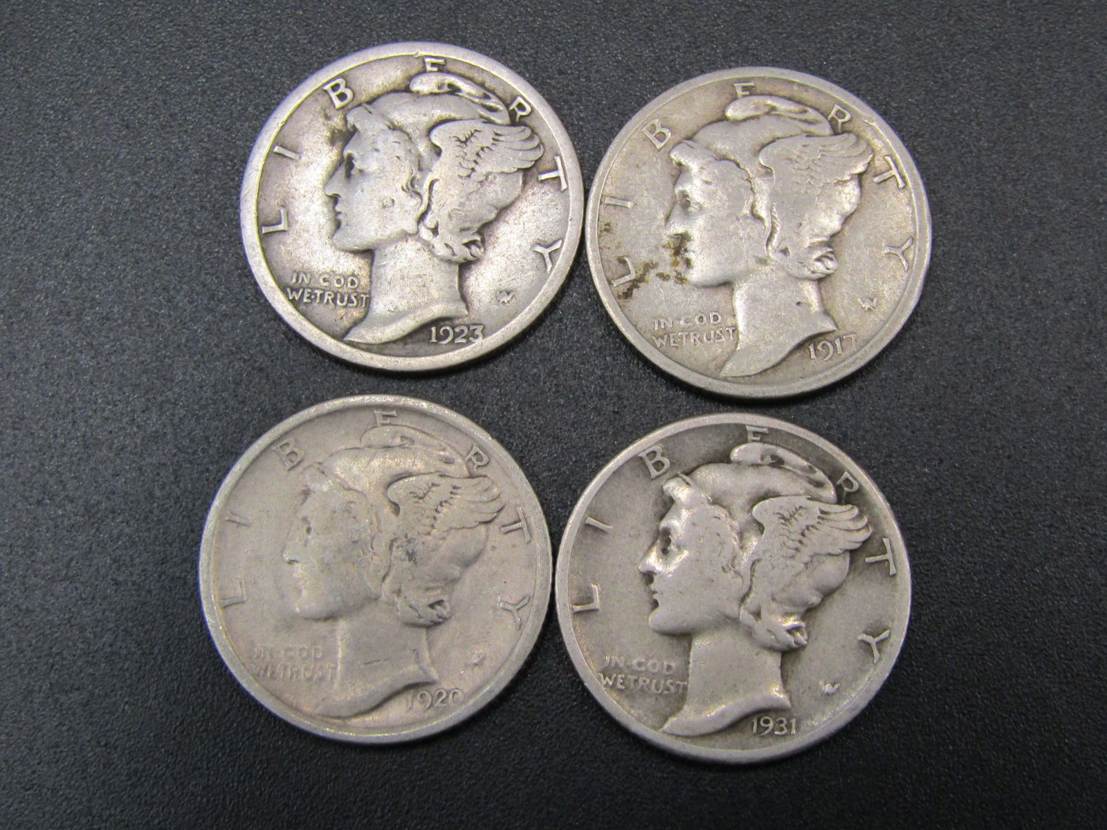 4 Better Early Date Mercury Dimes; 1917, 1920, 1923-S, 1931. 90% Silver (1 of 2)