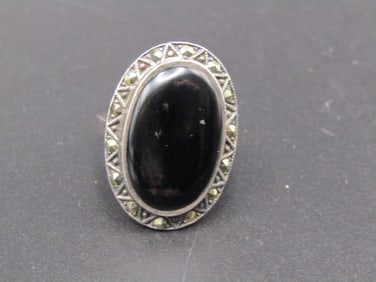 Vintage Sterling Silver Black Onyx/ Marcasite Ring, Size 7