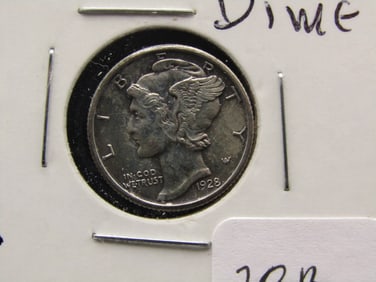 NICE 1928 Mercury Dime. 90% Silver, Tough Grade! Full Split Bands and Diagonals,