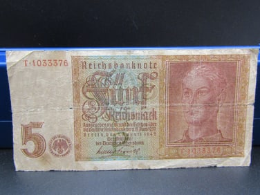 1942 German 5 Reichsmark Note, Tough WWII Currency