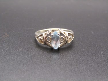 Vintage Sterling Silver Blue Topaz Marquise Cut Solitaire Ring w/ Etched Hearts