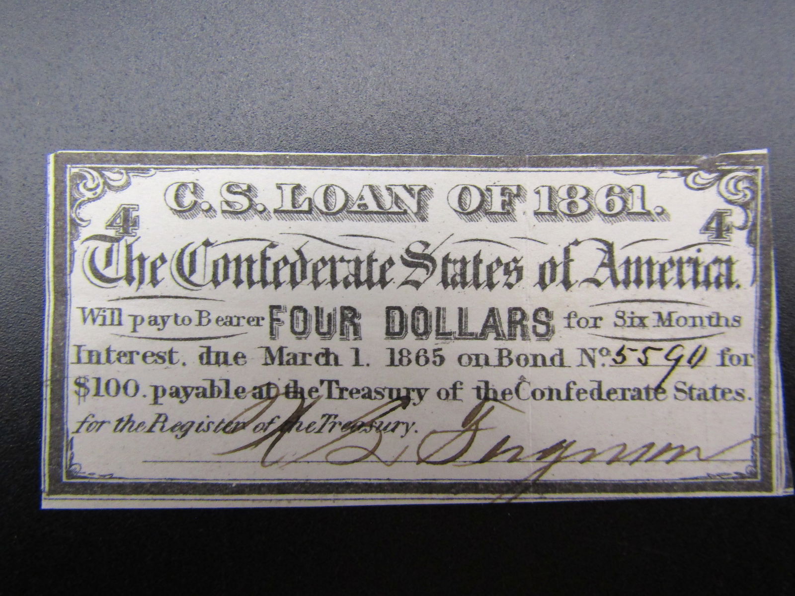 RARE 1861 Confederate States of America $4 Bond Coupon (1 of 1)