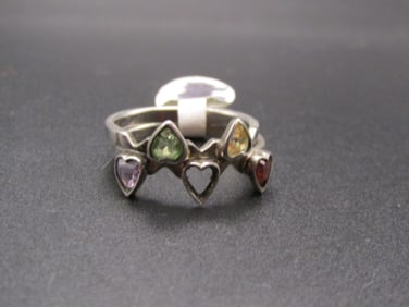 Vintage Sterling Silver Double Hear Ring , Size 7.5, One Ring is missing a stone