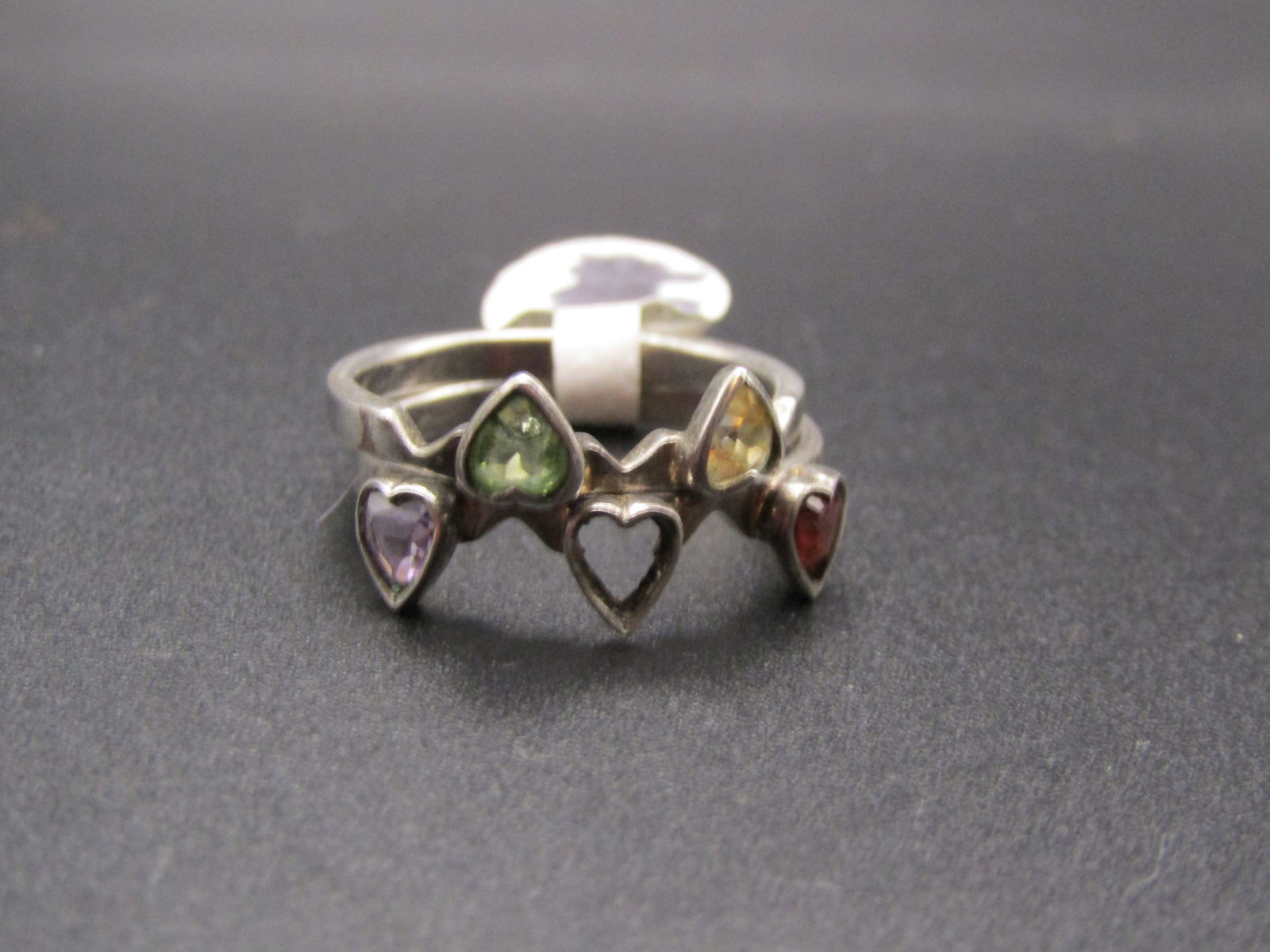 Vintage Sterling Silver Double Hear Ring , Size 7.5, One Ring is missing a stone (1 of 5)