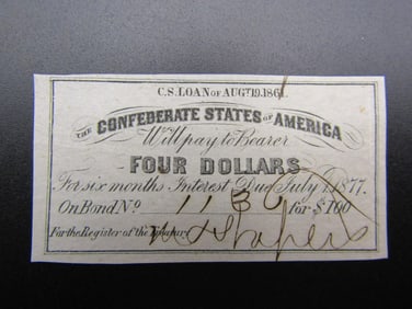 RARE 1861 Confederate States of America $4 Bond Coupon
