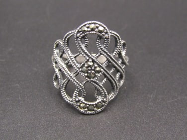 Vintage Sterling Silver Ornate Openwork Swirl Design, w/ Marcasite Stones, Size 6.5