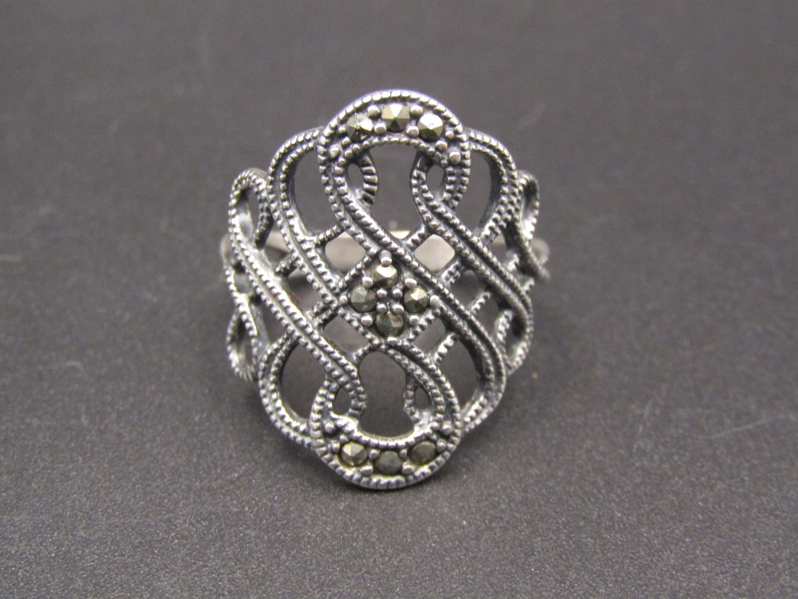 Vintage Sterling Silver Ornate Openwork Swirl Design, w/ Marcasite Stones, Size 6.5: Vintage Sterling Silver Ornate Openwork Swirl Design, w/ Marcasite Stones, Size 6.5