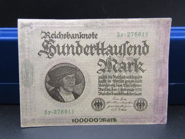 1923 German 100000 Mark Reichsbanknote, Tough Post WWI Currency, GEM CRISP, UNC