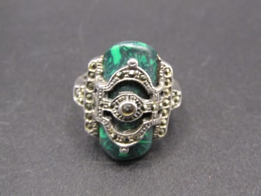Vintage Sterling Silver Edwardian Style Malachite / Marcasite Art Deco Ring Size 5