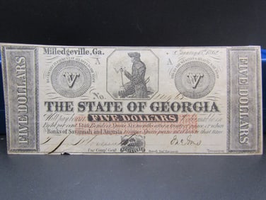 NICE 1862 State of Georgia Obsolete Currency Note $5. Milledgeville GA, Numbered and Signed. Civil