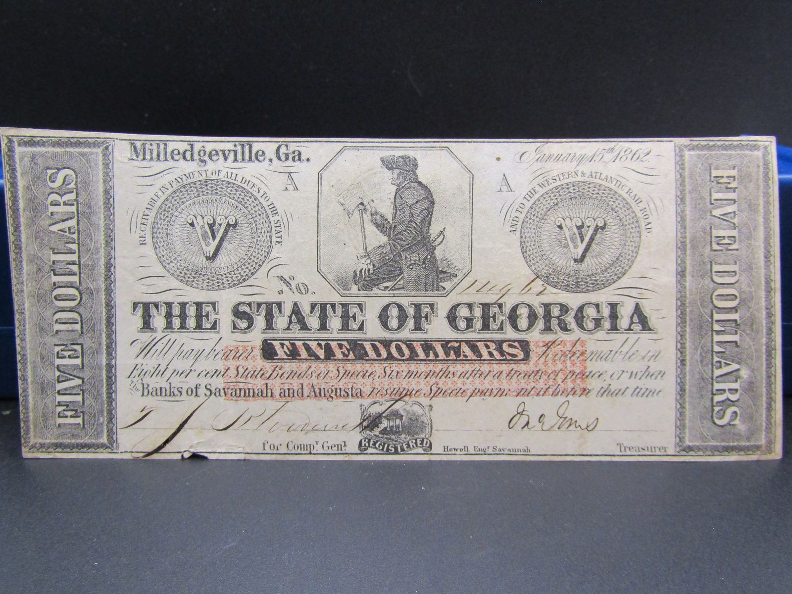 NICE 1862 State of Georgia Obsolete Currency Note $5. Milledgeville GA, Numbered and Signed. Civil (1 of 2)