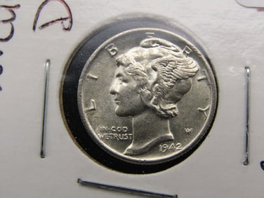1942 Mercury Dime, GEM BU. LUSTROUS. 90% Silver. WWII Era
