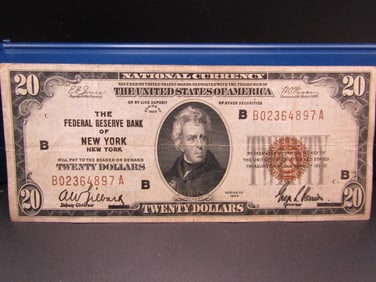 TOUGH 1929 Brown Seal $20 National Currency Note, Federal Reserve Bank of New York, New York, Great