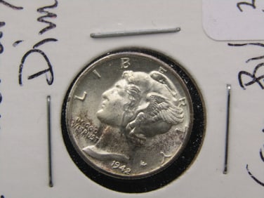 1942-D  Mercury Dime, GEM BU. LUSTROUS. 90% Silver. WWII Era